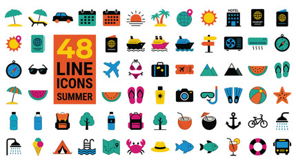 Fototapeta premium Vibrant summer vacation icons set for travel and leisure