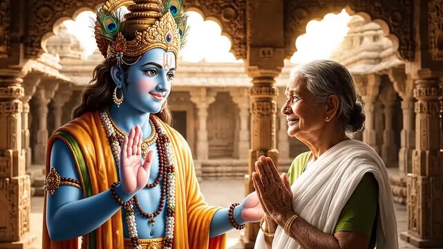 Krishna blessing a devotee, in temple, vivid colors, hindu mythology, realistic art, spiritual journey, peaceful, reverence, divine intervention
