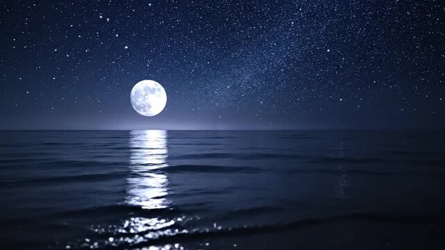 A serene nighttime scene of a full moon shining brightly over calm ocean waters, reflecting its gentle light, with a starry night sky in the background, ideal for use in meditation or relaxation
