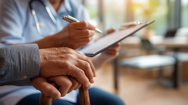 Close up of a nurse's hands showing medical test results on a tablet screen to a senior patient whose weathered hands rest on a walking cane handle in the foreground a clipboard