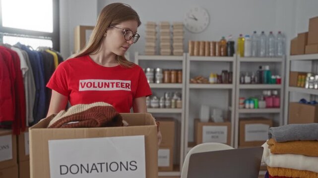 Woman carefully sorts donated clothing into cardboard donation box in building; compassion charity service.