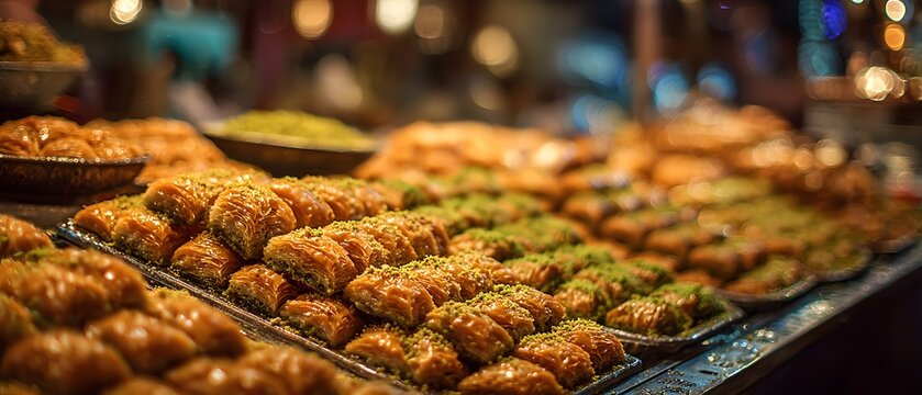 Bustling Istanbul night market sample sweet crunchy delight of freshly made Baklawa clean professional stock photo sharp macro photography style cinematic realism ultra photorealistic no text no