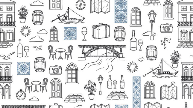 Porto travel and Portuguese lifestyle concept highlighting local culture, riverside views, and traditional elements associated with the city experience. Objects of bridge, river