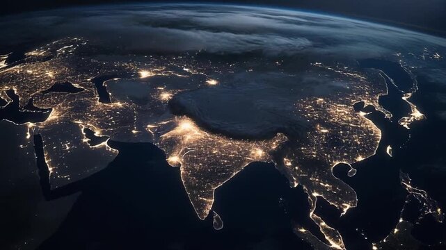 Nighttime view of Earth from space, showing illuminated cities across Asia and the Indian subcontinent, with a dark ocean background. Possible use global connectivity or international business