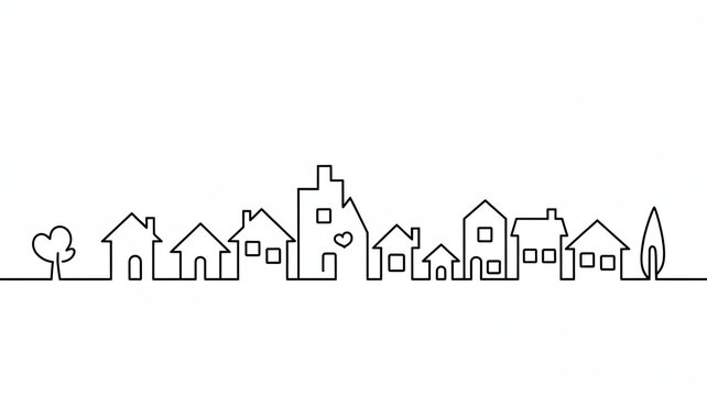 A minimalist line drawing of a small town with houses and trees
