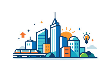 Obraz premium Modern urban development and dynamic metropolitan living focused on opportunity, innovation, and everyday movement within growing cities, a clean geometric skyline silhouette