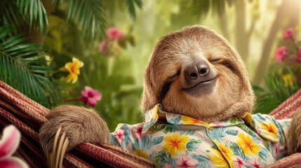 Fototapeta premium Relaxed Sloth Wearing Floral Shirt Lounging in Hammock in Nature