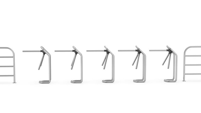 Row with silver turnstiles on white background