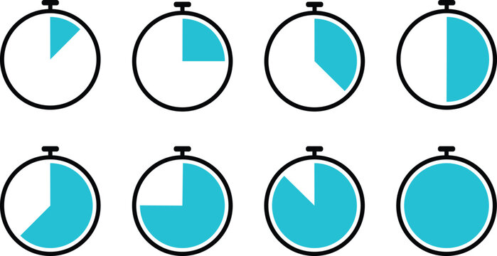 A series of eight pie charts in ovals showing progressive filling of blue color