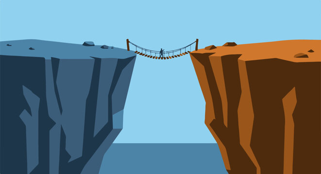 Man crossing a dangerous rope bridge between two high cliffs over a deep chasm, vector illustration