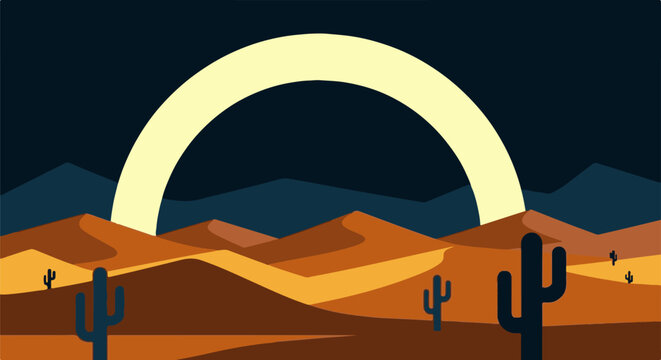 Minimalist desert landscape vector illustration with glowing crescent moon and saguaro cacti at night