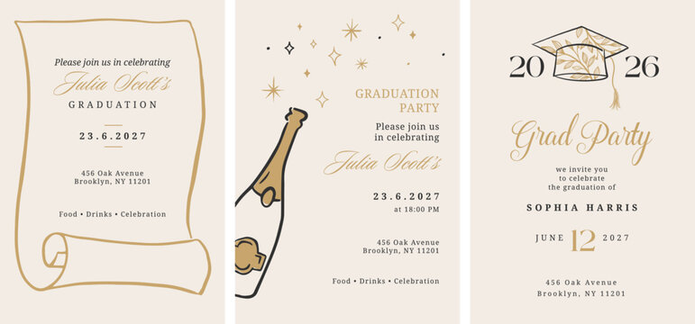 Class of 2026 elegant vintage graduation party and prom invitations with black and gold hand drawn line art elements.