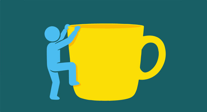 Blue stick figure person climbing a large yellow coffee mug or tea cup, symbolizing challenge, effort, and overcoming obstacles in a simple vector illustration.