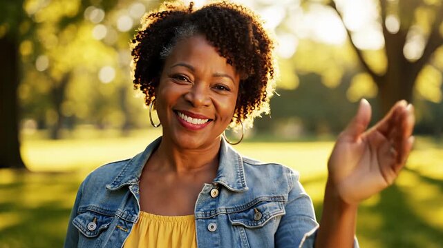 Smiling woman waving hello in a sunlit park, casual denim jacket, joyful greeting