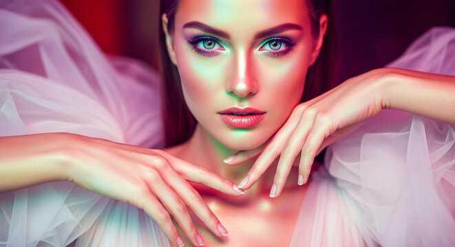 Elegant portrait of a woman with captivating eyes, captured in a studio setting. The lighting highlights her striking makeup and ethereal attire