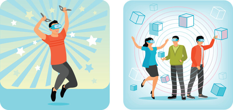 People enjoying virtual reality experiences with vr headsets and controllers