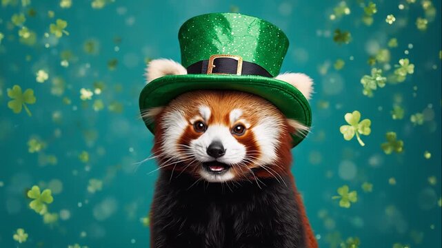 Adorable red panda wearing a glittery green leprechaun hat with a black buckle, cute expression, amidst a festive green background with shamrocks