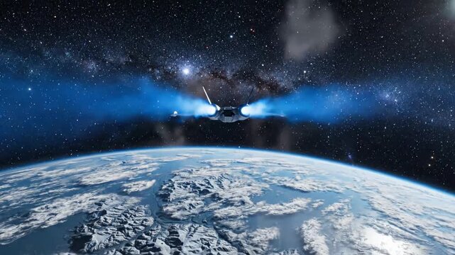 Futuristic spacecraft flying over a planet with visible stars and blue engine thrust