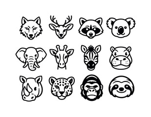 Fototapeta premium Wild animal avatars set: wolf head, deer head, raccoon head, koala head, elephant head, giraffe head, zebra head, hippopotamus head, rhinoceros head, leopard head, gorilla head