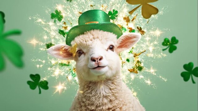 Cute lamb wearing a green hat with a shamrock and surrounded by floating shamrocks on a matching background