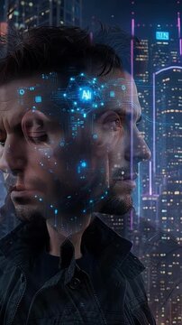 Futuristic transparent male face clone in glowing cyberpunk city
