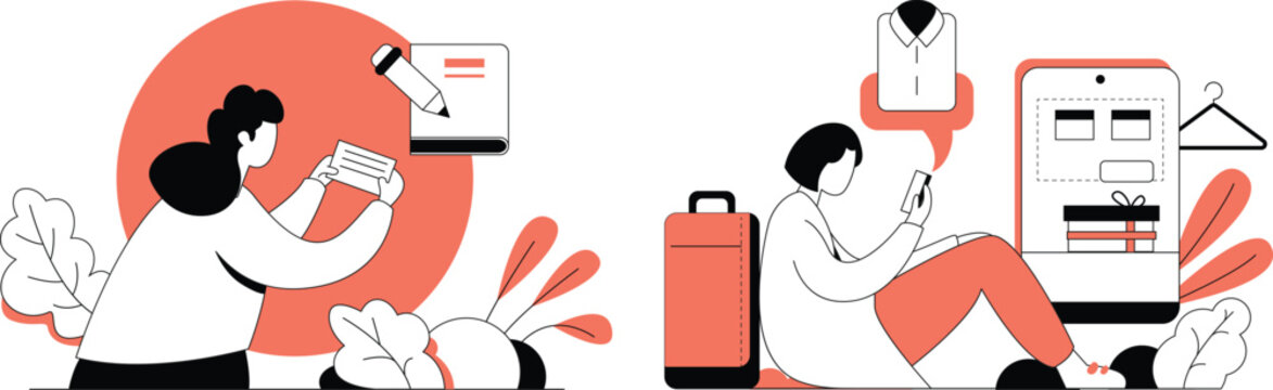 A woman is holding a credit card and another woman is sitting with a suitcase and a phone