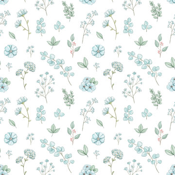 Seamless pattern with set of green various leaves and twigs and blue flowers for holiday Valentine's Day isolated on white background. Watercolor hand drawn illustration sketch