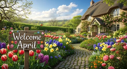 Obraz premium welcome april spring garden path with blooming tulips and cottage