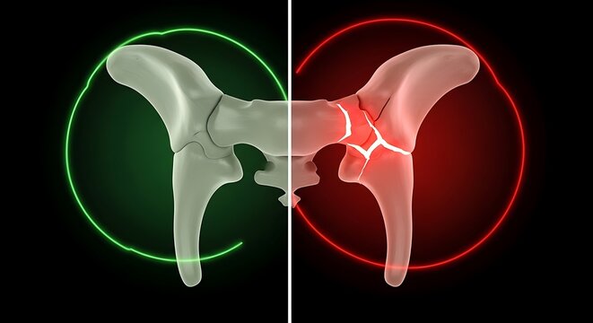 Pelvic bone fracture illustration comparing healthy green side versus injured red side area