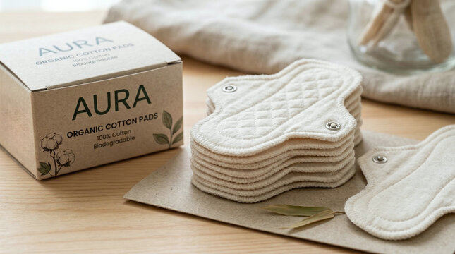 Organic cotton menstrual pads are stacked on a beige cloth. A box labeled 'Aura' is nearby, emphasizing eco-friendly feminine hygiene products.