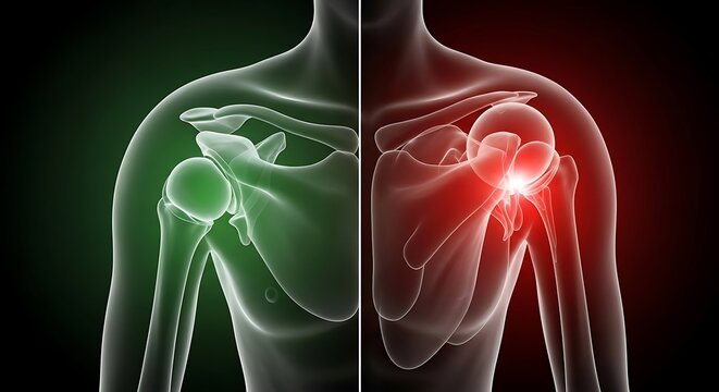 Shoulder dislocation and fracture medical illustration showing healthy and injured joint view