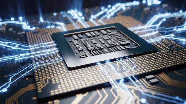 Close up of a computer chip on a circuit board showing detailed connections and design at night