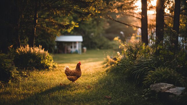 A chicken stands in a serene garden surrounded by lush greenery and trees at sunset