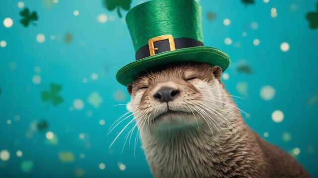 Otter wearing a green leprechaun hat with a black band and gold buckle, set against a festive teal background with shamrocks and bokeh dots