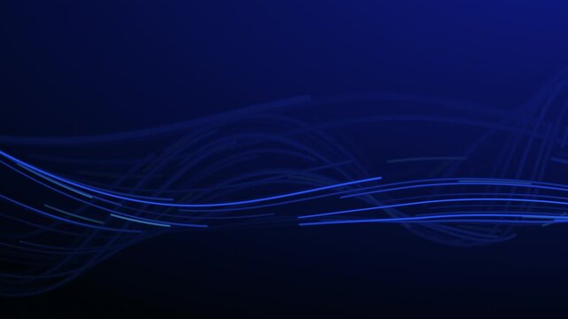 Abstract blue flowing light wave formed by luminous streak lines. Smooth dynamic curve with fast moving energy trails on dark background. Minimal cyber waveform structure motion, seamless loop.