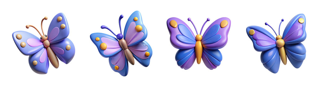 Set of 3d butterflies with purple and blue wings isolated on transparent background