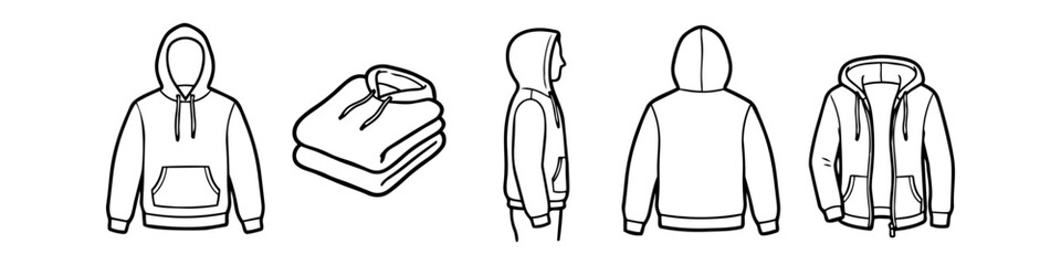 Set of black and white hoodie line art icons including front, back, side views, folded, and zip-up styles. Perfect for apparel mockups, fashion design, and clothing tech pack templates. © Nort Kor
