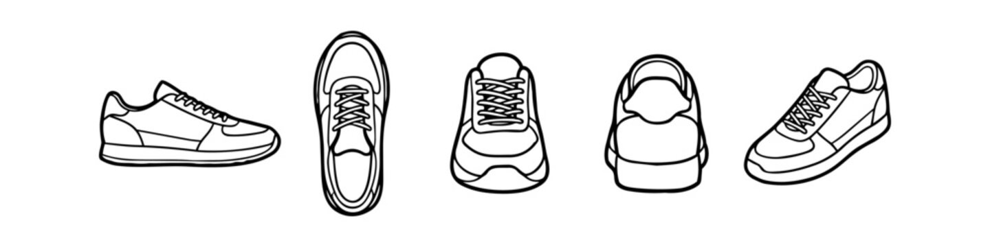 Set of five minimalist sneaker line art icons showing a shoe from side, top, front, back, and perspective views. Modern footwear design vector isolated on a white background.