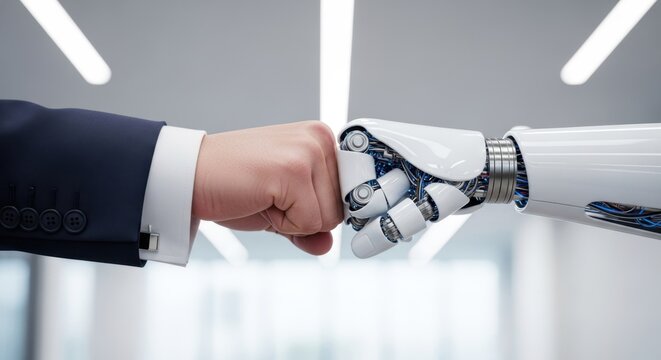 Human and robot making a fist bump in a modern office. Artificial intelligence, business partnership, teamwork and future of work concept