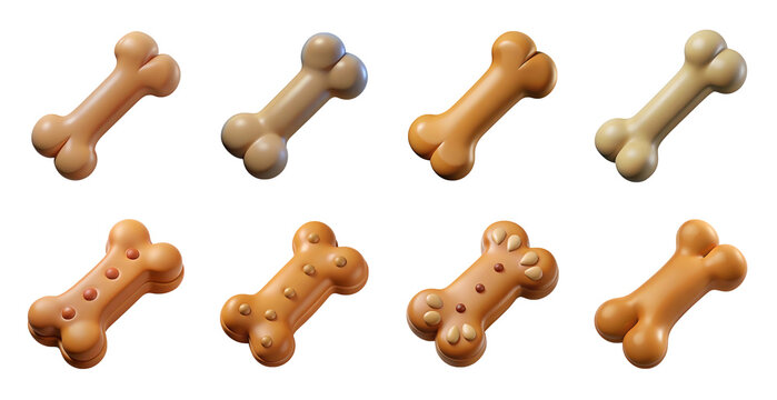 Set of 3d rendered dog bone treats in various shades and textures isolated on transparent background
