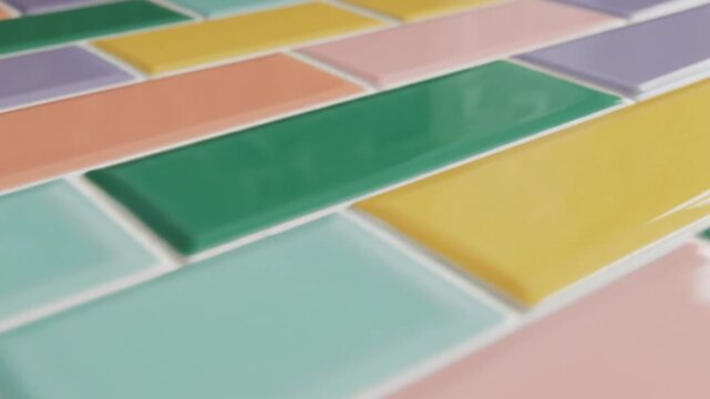 Colorful Ceramic Subway Tiles Arranged in Herringbone Pattern - Pastel Palette