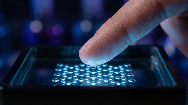 A close-up of a man's fingertip hovering millimeters above suspended glowing liquid droplets that reshape into geometric patterns as it approaches in a dark sterile laboratory