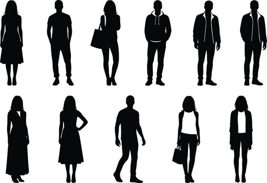 Silhouettes of fashionable men and women standing in stylish poses with handbags, jackets, and dresses, representing diverse clothing styles