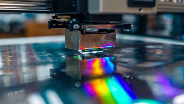 Industrial laser printing process with rainbow holographic reflections