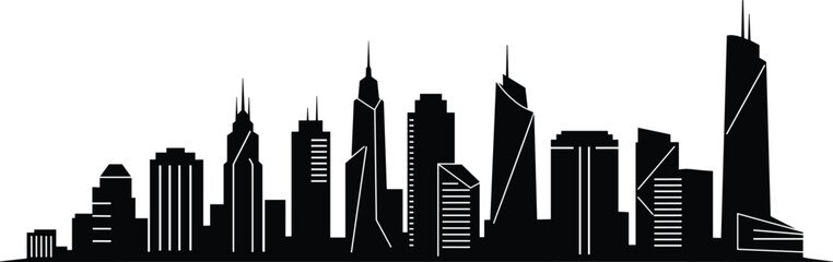 Obraz premium Black silhouette of modern city skyline with skyscrapers and high-rise buildings, symbolizing urban architecture and minimalist design