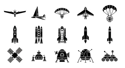 Black icons depicting various aircraft spacecraft and space exploration vehicles © Julian Vance