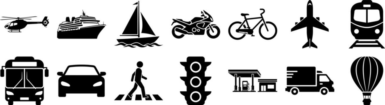 Collection of transportation icons including vehicles and modes of transport