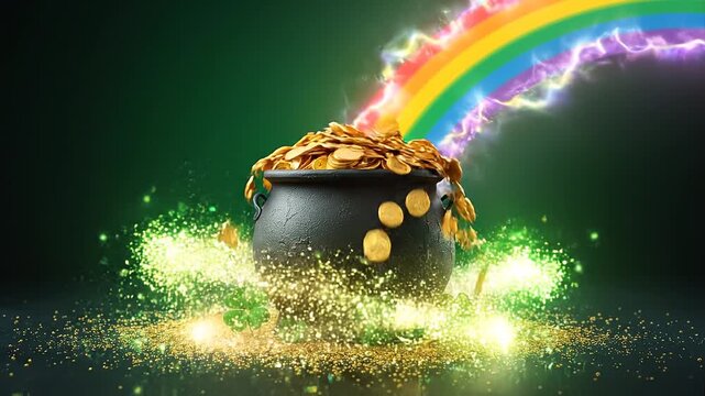 A black cauldron overflowing with gold coins releases a vibrant rainbow, creating a magical, glittering scene of wealth and wonder