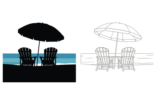 Beach scene with adirondack chairs and umbrellas depicted in dual tone