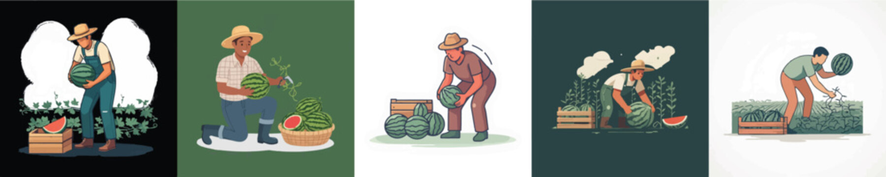 Vector Illustration of Farmer Harvesting Watermelon